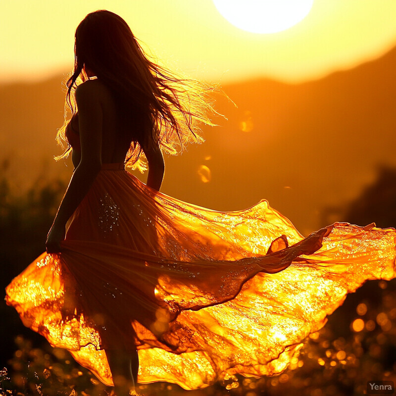 A woman in an orange dress stands against a stunning sunset backdrop, her posture exuding confidence and poise.