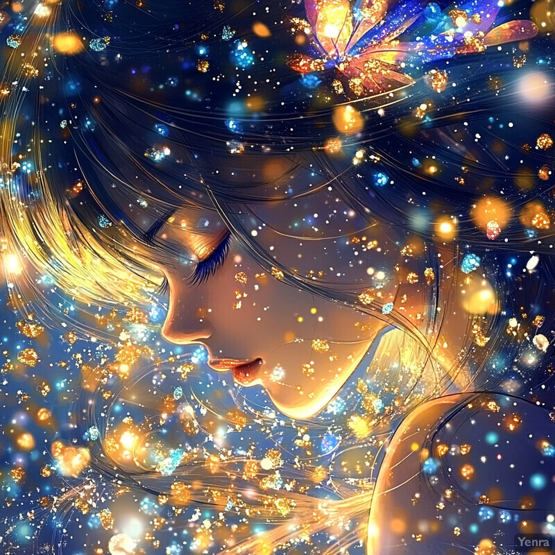 A serene and enchanting scene of a woman surrounded by glowing orbs, conveying a sense of deep contemplation or sleep.