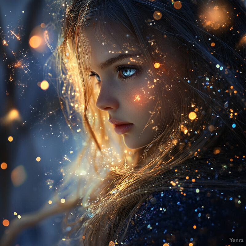 A young woman with long brown hair and blue eyes gazes directly at the camera, surrounded by soft lighting and a blurred background.