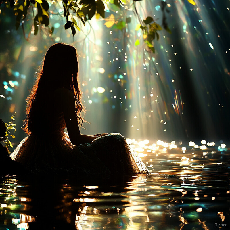 A serene and enchanting scene of a woman sitting in shallow water, surrounded by lush greenery.