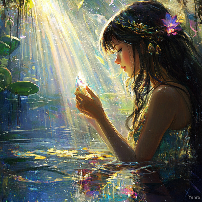 A woman in a serene setting, surrounded by greenery and flowers, gazing at a crystal.