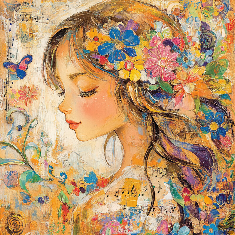 A serene painting of a woman surrounded by flowers and butterflies, exuding peacefulness and tranquility.