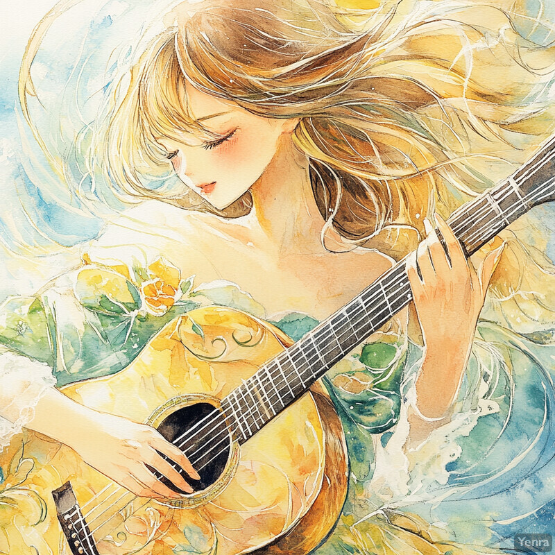 A woman playing the guitar in a serene setting