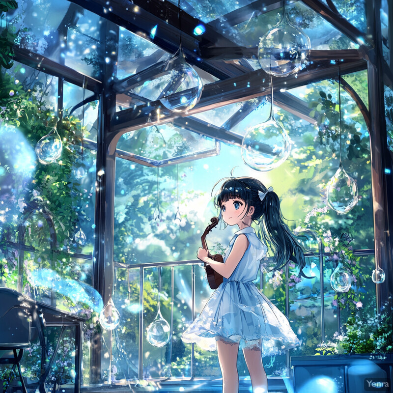 A young girl stands in a glass-enclosed room surrounded by lush greenery and vibrant flowers, holding a violin and bow.