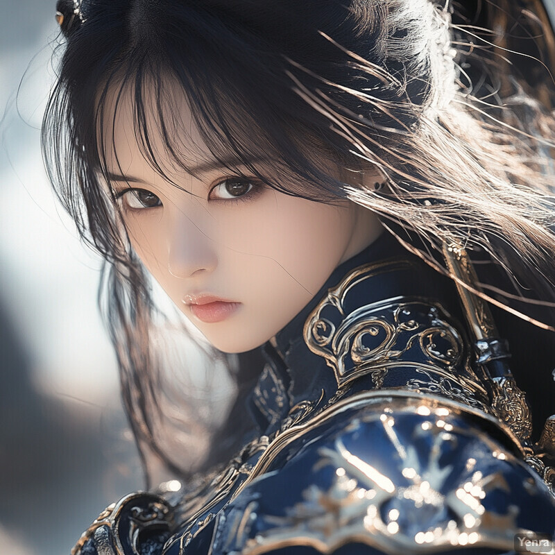 A woman in armor with long black hair and bangs gazes directly at the viewer, conveying confidence and determination.