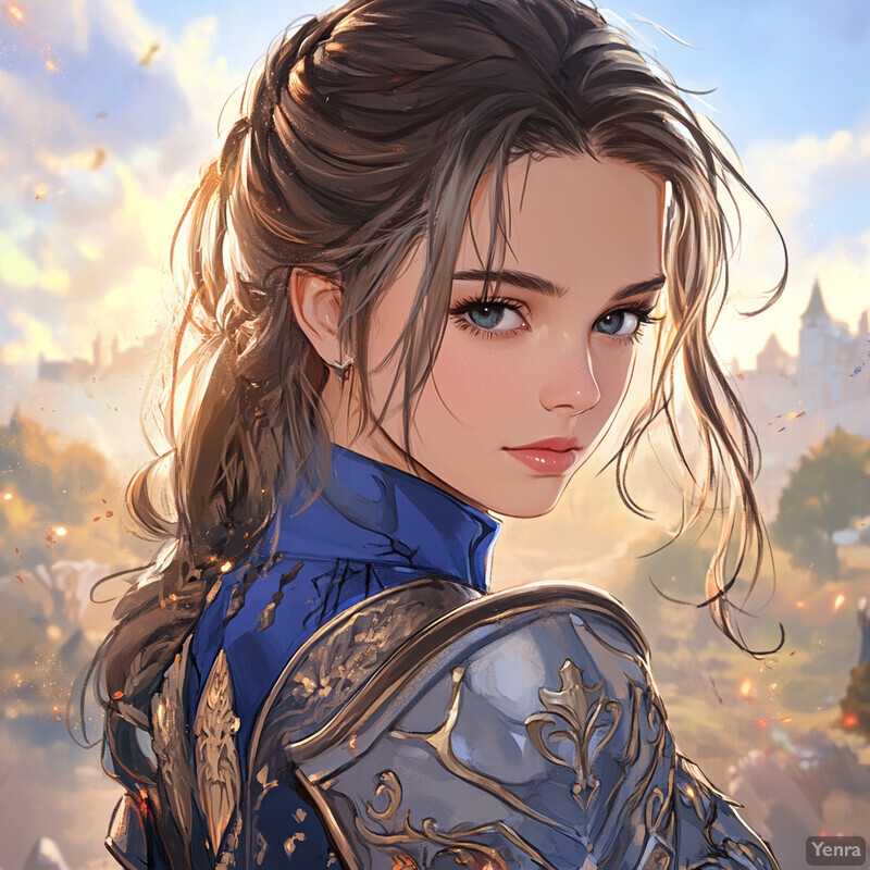 A young woman with fair skin and long brown hair styled in braids, wearing a blue shirt or jacket and silver armor, set against a blurred outdoor background.