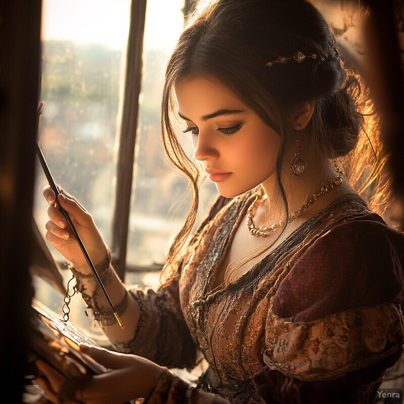 A young woman in Renaissance attire paints at an easel