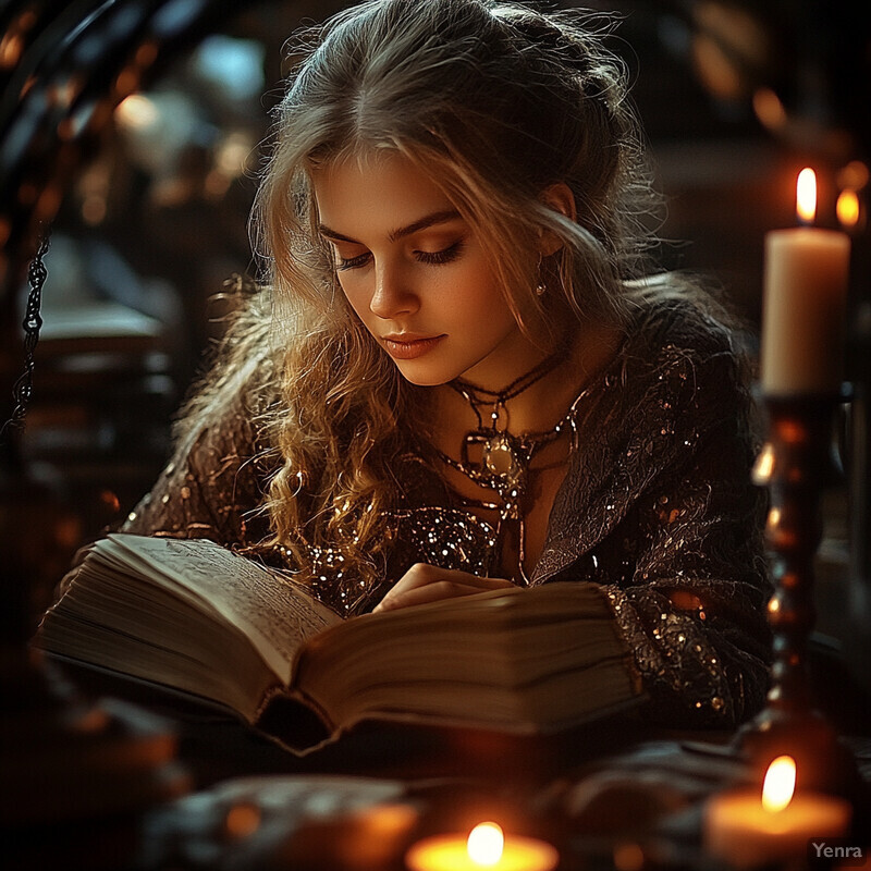 A woman reads a book surrounded by candles