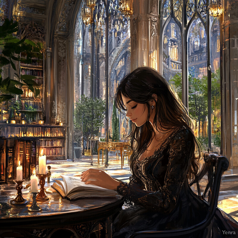 A woman sits at a desk in an ornate library or study, surrounded by tall windows and lush greenery, reading from a large book.