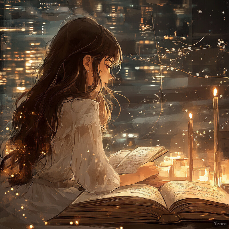 A young woman reads a book surrounded by candles and fairy lights, exuding a sense of peace and serenity.