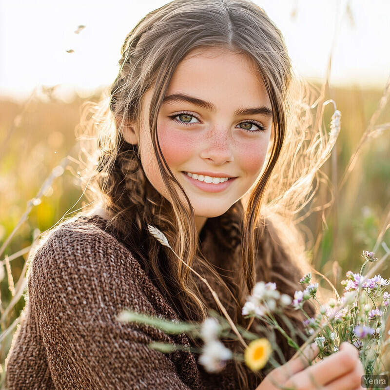 A young girl sitting in a field of wildflowers, smiling and holding a bouquet of flowers.