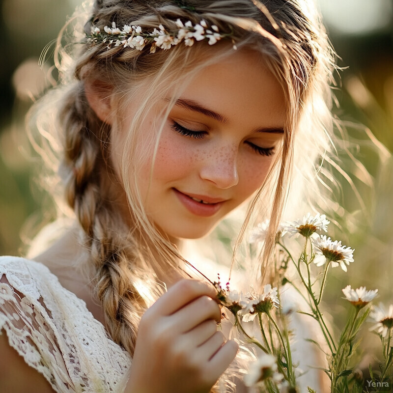 A young girl with blonde hair and freckles touches white flowers in an outdoor setting.