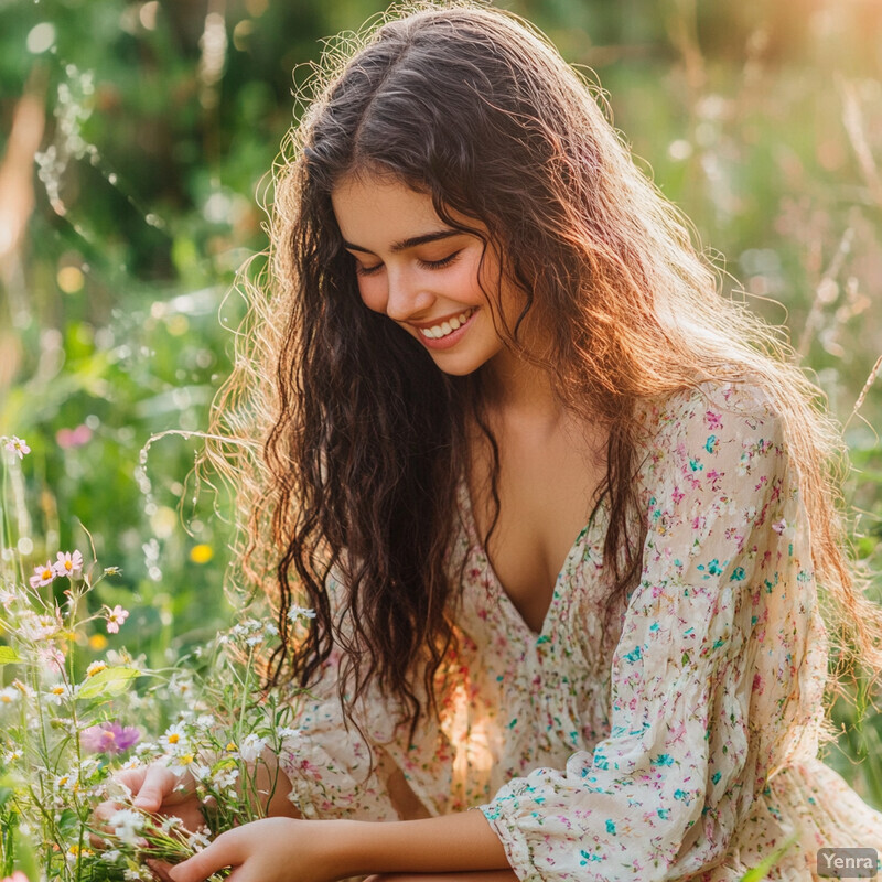 A young woman picking flowers in a field on a sunny day