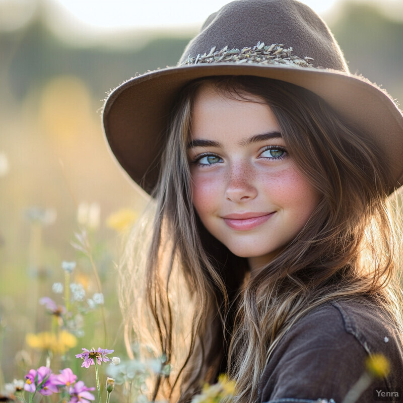 A young girl in a wide-brimmed hat stands amidst a field of wildflowers, exuding a sense of calm and serenity.