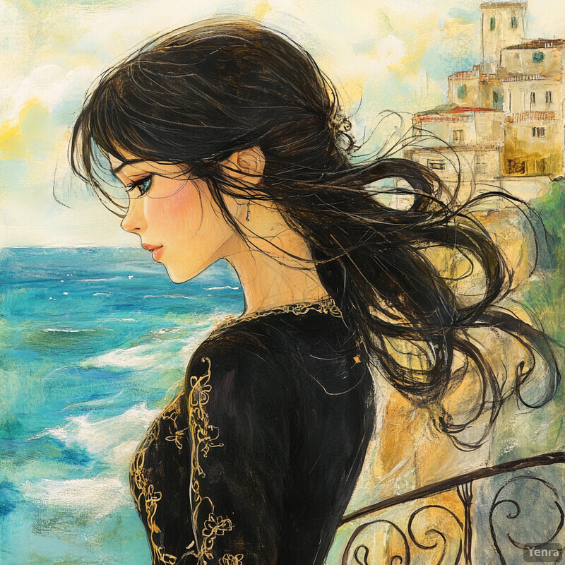 A dreamy seascape featuring a woman standing on a balcony overlooking the sea