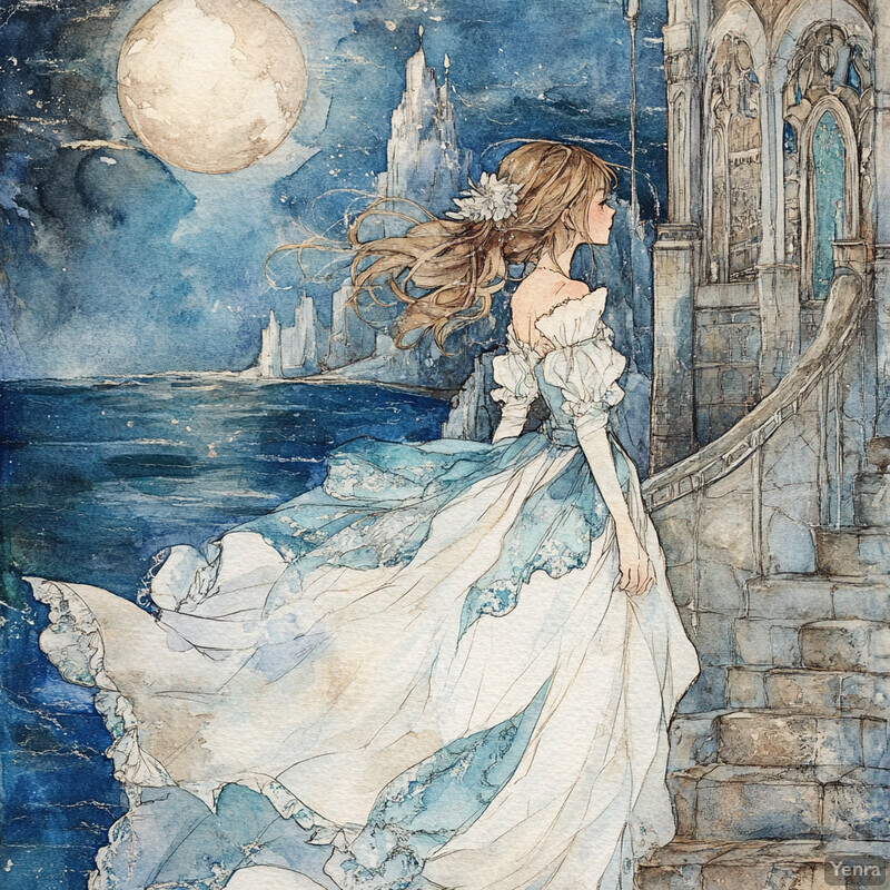 A serene and enchanting painting of a woman standing on stone steps under a full moon, looking out at a majestic ship sailing across the horizon.