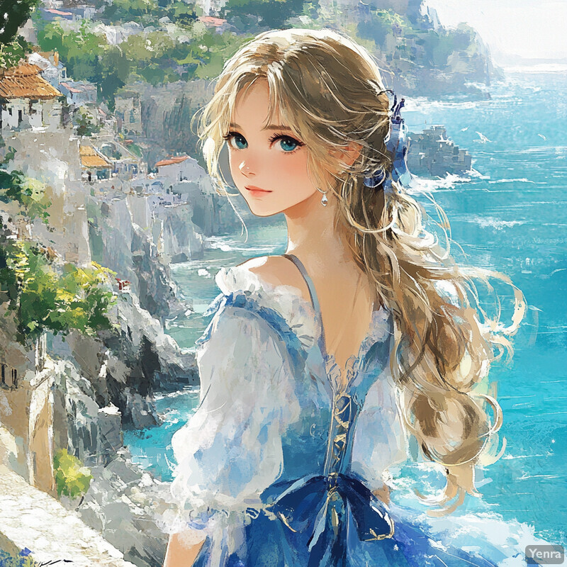 A young woman stands on a rocky outcropping overlooking the sea, surrounded by lush greenery and clear blue waters.