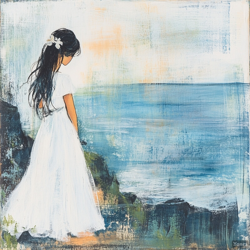 A woman in a white dress stands on a rocky cliff overlooking the sea.