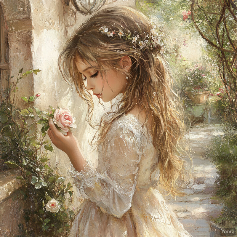 A young girl stands in front of a garden wall, surrounded by lush greenery and vibrant flowers, holding a pink rose and gazing down at it with admiration.