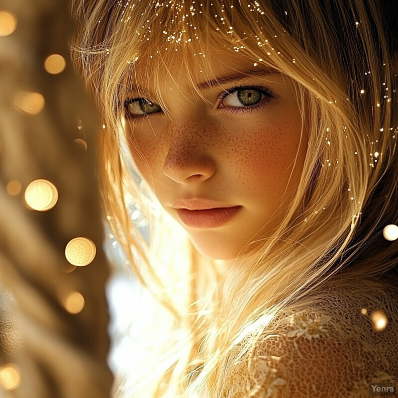 A young girl with fair skin and freckles, wearing a white lace dress, gazes directly at the camera with an air of curiosity and innocence.