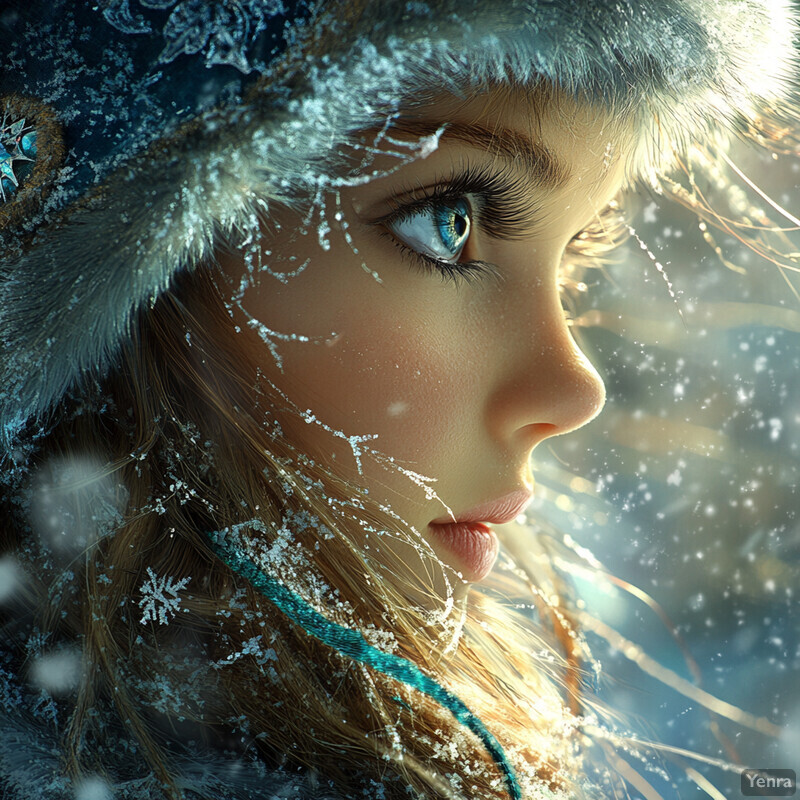 A young girl with blue eyes and blonde hair in a fur-lined hat, gazing at something beyond the frame in an outdoor setting during snowfall.