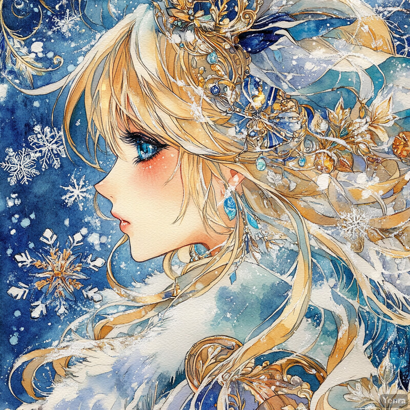 A captivating illustration of a woman with long blonde hair and blue eyes, adorned in an elaborate headdress, set against a deep blue background dotted with snowflakes.