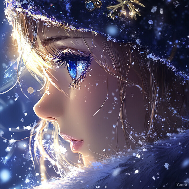 Captivating close-up of a woman's face in a blue and white fur-lined hood, reminiscent of the Snow Queen.