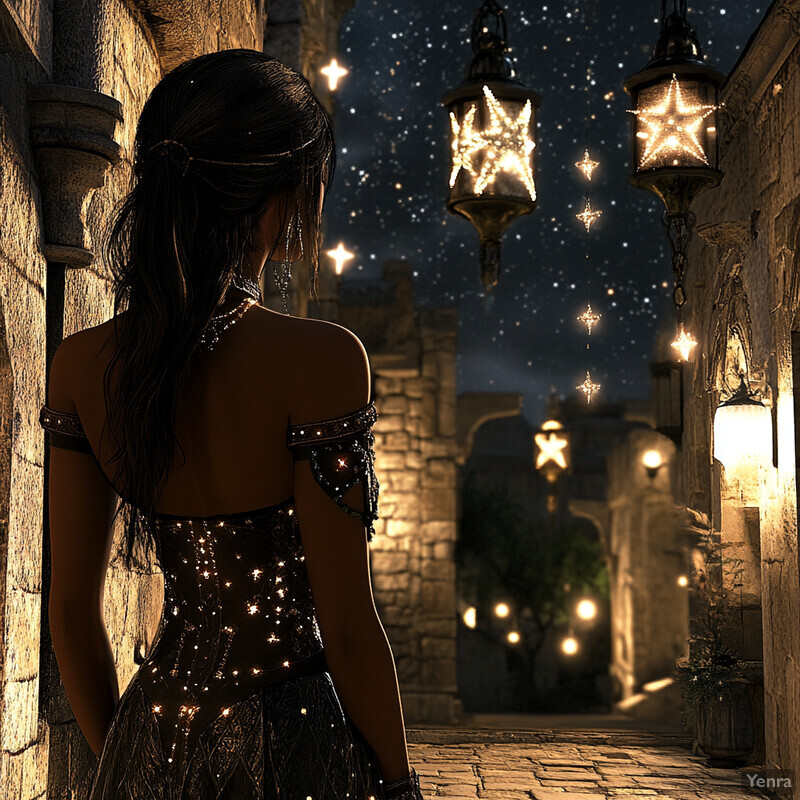 A woman stands in an alleyway, gazing up at star-shaped lanterns.