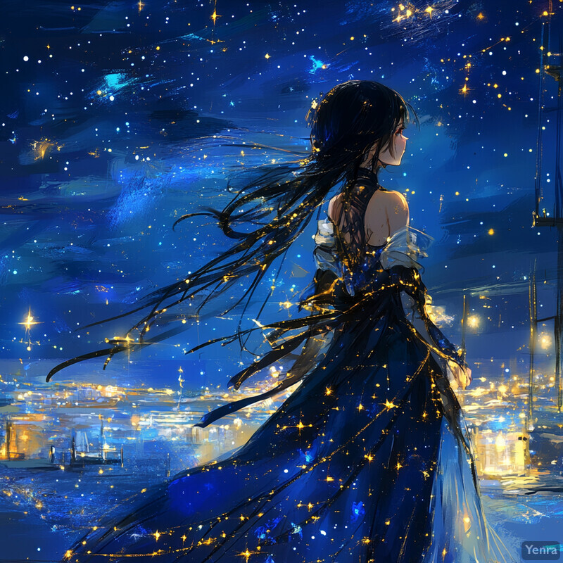 An anime-style illustration of a woman standing on a rooftop overlooking a cityscape at night