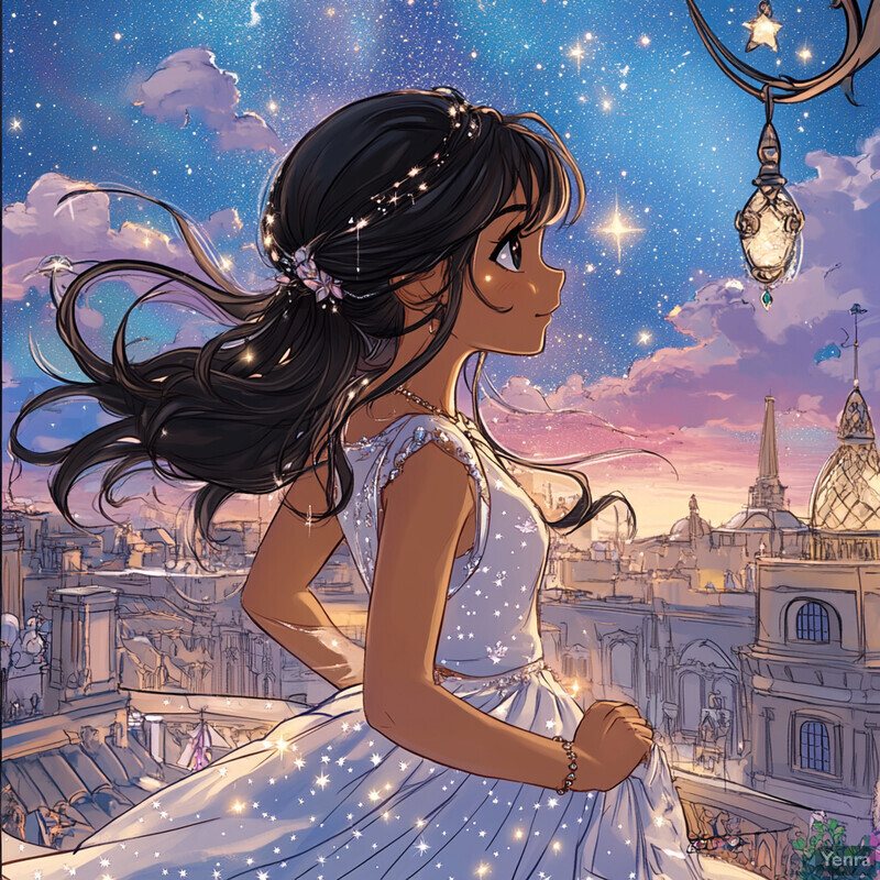 A young woman with dark hair and a white star-adorned dress stands on a balcony overlooking a cityscape at dusk, surrounded by a serene and wondrous atmosphere.