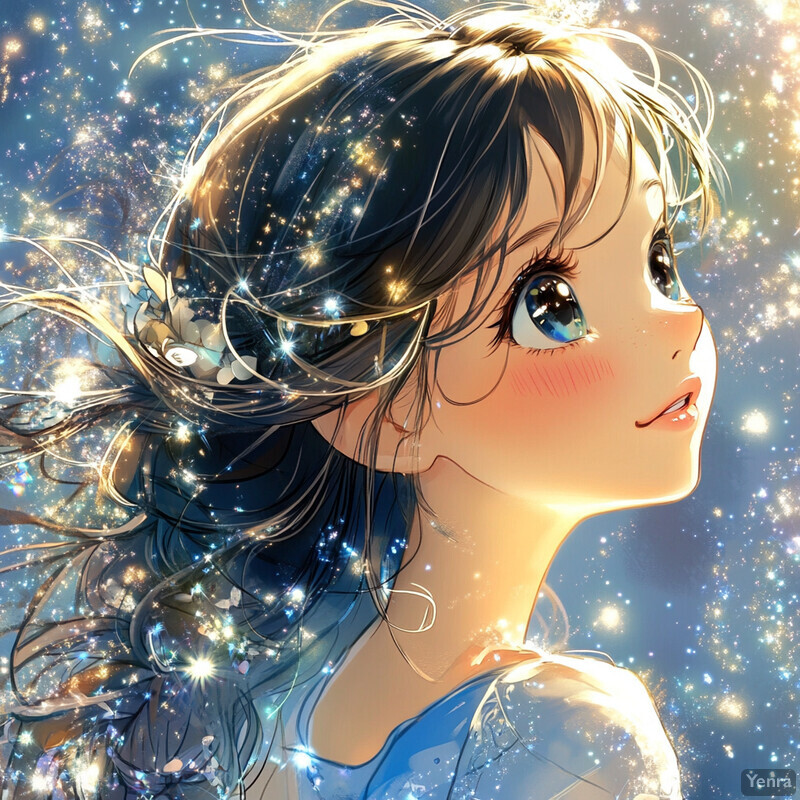 A young girl with blue eyes and long hair gazes upwards towards the starry sky, her face painted with a serene expression.