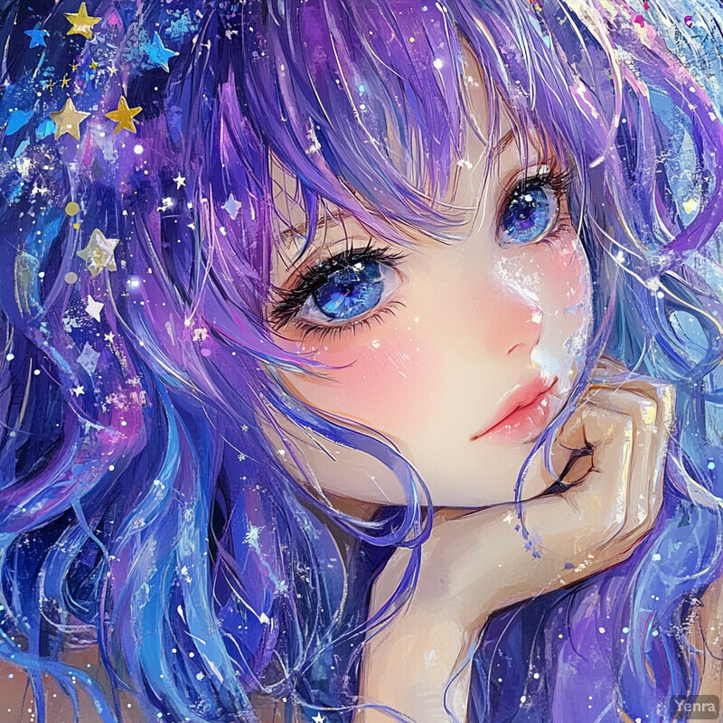 Anime-style illustration of a young girl with blue eyes and purple hair