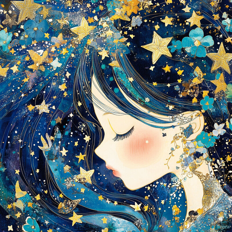 A serene illustration of a woman's profile set against a starlit sky backdrop