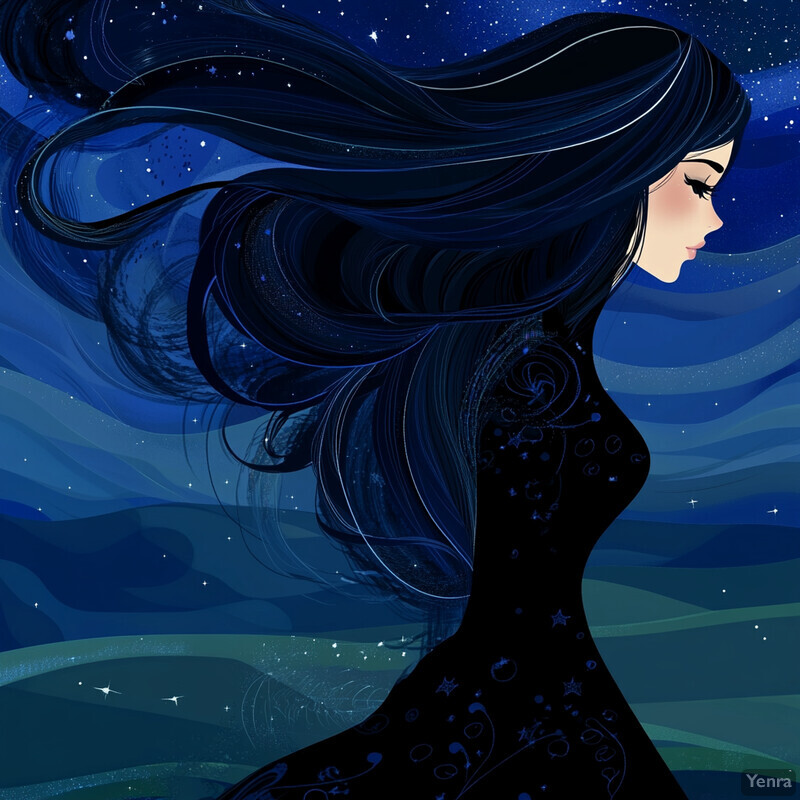 A woman stands in front of a starlit sky, her long dark blue hair blowing gently in the wind.