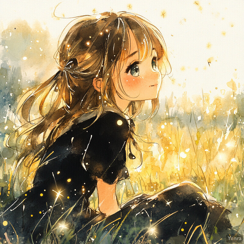 A young girl sits in a field of tall grass, surrounded by fireflies, looking up at the sky with a gentle expression.