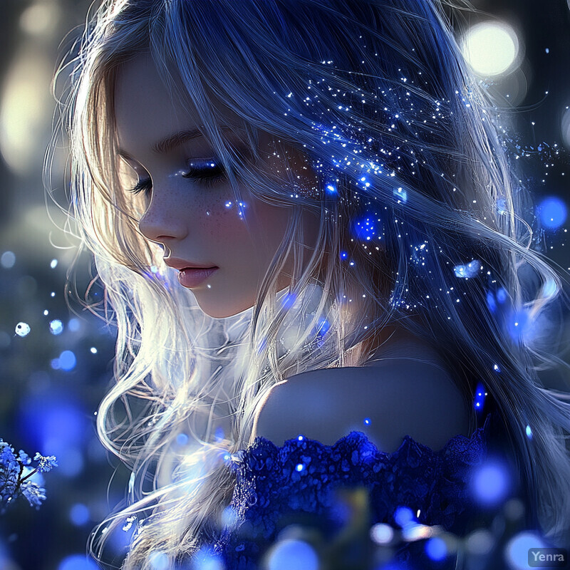 A serene and enchanting scene of a woman with long hair gazing downwards, surrounded by sparkling lights amidst lush greenery.