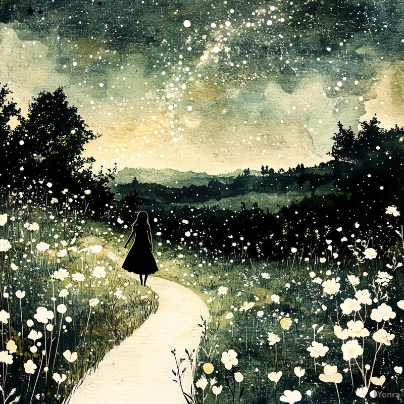 A woman walks down a path in a field of wildflowers, surrounded by trees and hills under a cloudy sky.