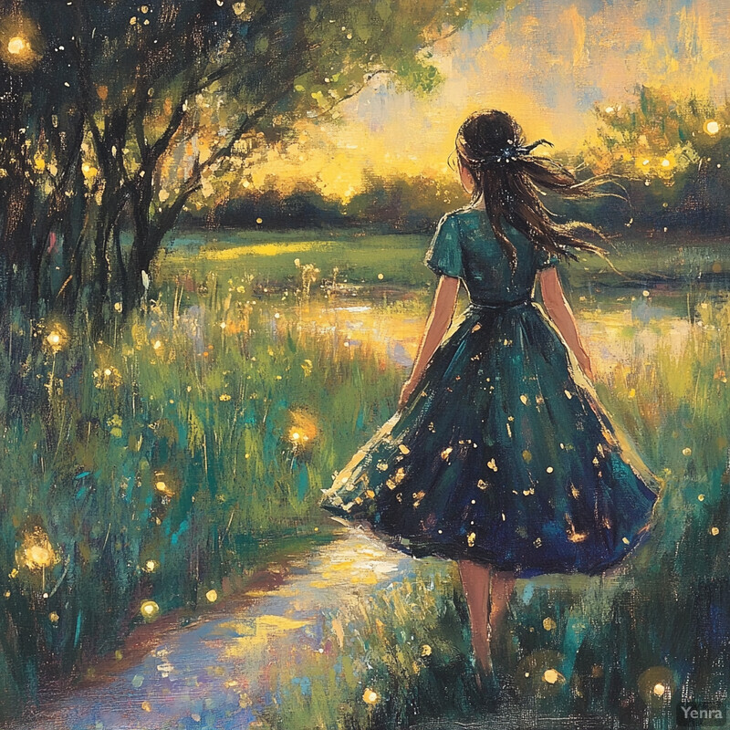 A young girl walks through a field of wildflowers on a sunny day.