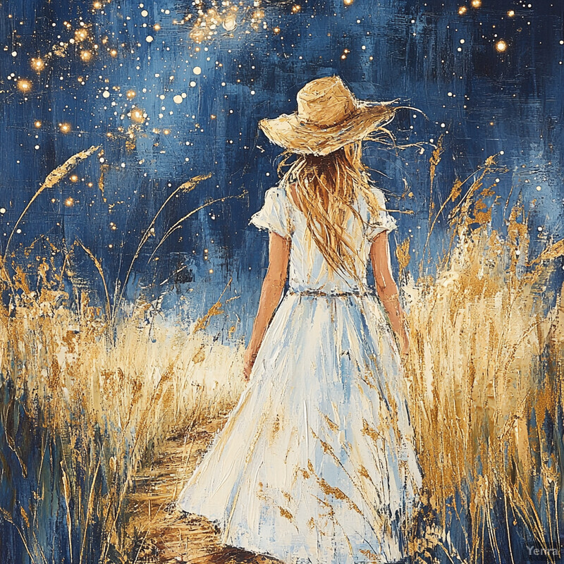 A woman walks through a field under starlit skies