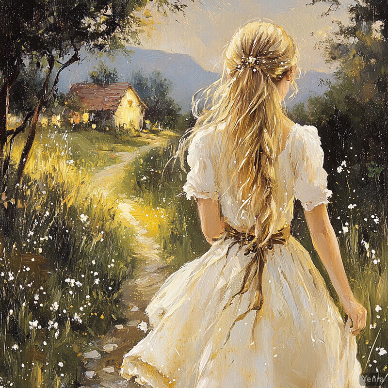 A young girl walks through a field towards a small house in the distance, carrying wildflowers and surrounded by nature's beauty.