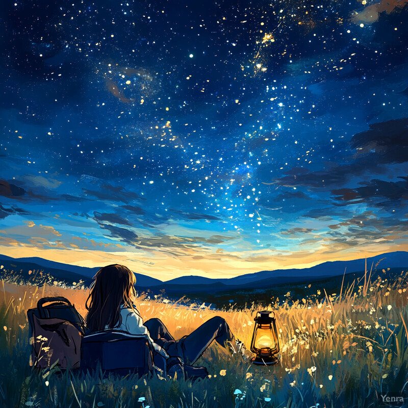 A serene and peaceful scene of a woman sitting in a field of wildflowers, gazing up at the starry night sky.