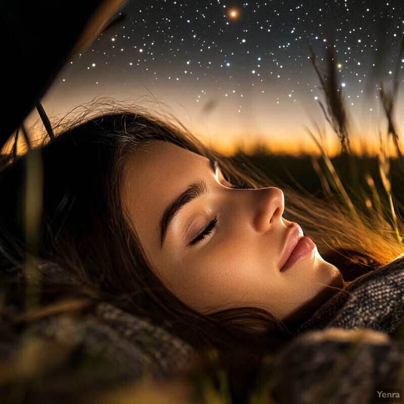 A serene and peaceful scene of a woman sleeping under a starry night sky