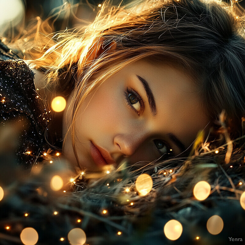 A young woman with long brown hair and fair skin gazes directly at the camera, her eyes almond-shaped and dark brown.