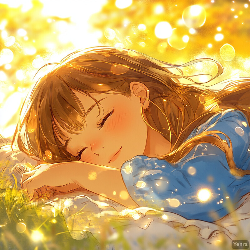 A young girl sleeps peacefully in a field of grass, surrounded by yellow flowers or grass, with soft warm lighting.