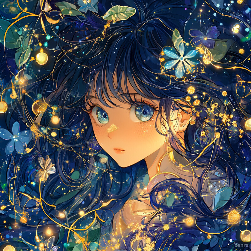 A young girl with blue hair and large eyes surrounded by plants and flowers in a serene environment.