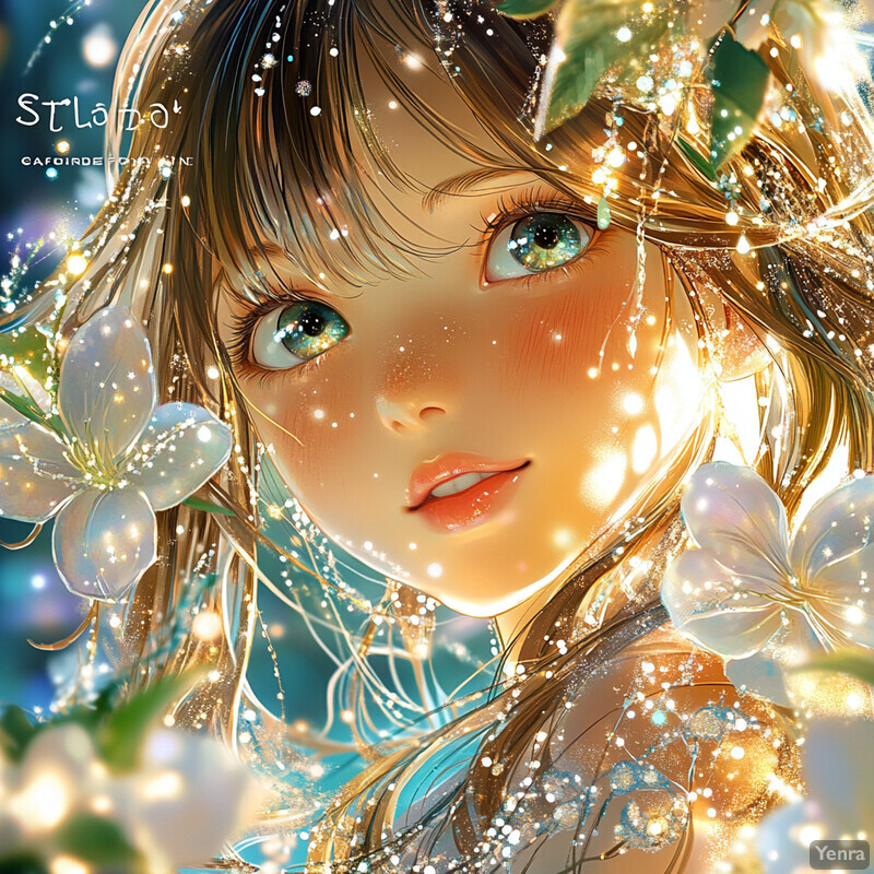 A young girl with long blonde hair and blue eyes surrounded by white flowers and sparkles.