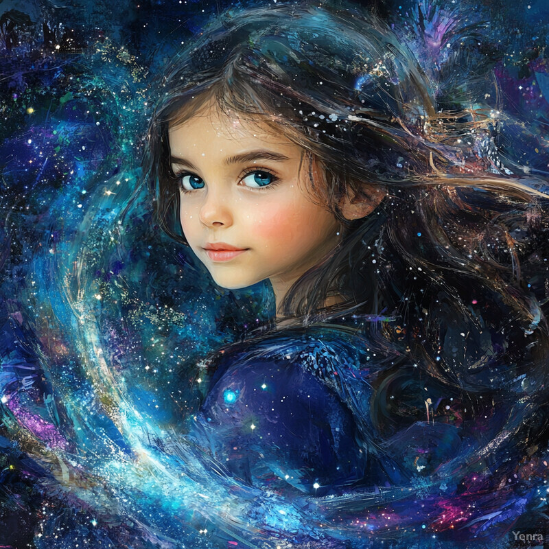 A young girl with long dark hair and blue eyes gazing upwards at a swirling vortex of colors behind her.