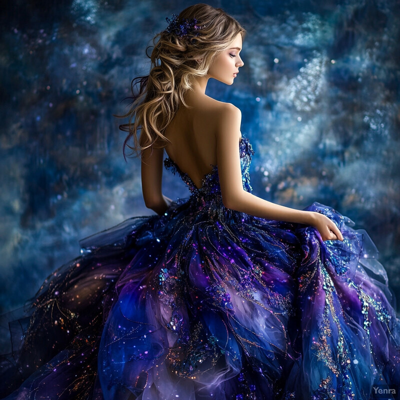 Woman in purple ball gown posing elegantly