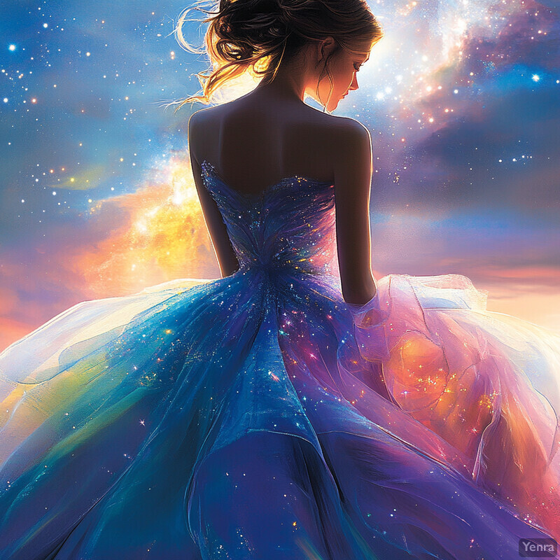 A woman in a galaxy-inspired dress stands confidently against a soft pink and purple sky, evoking a sense of serenity and contemplation.