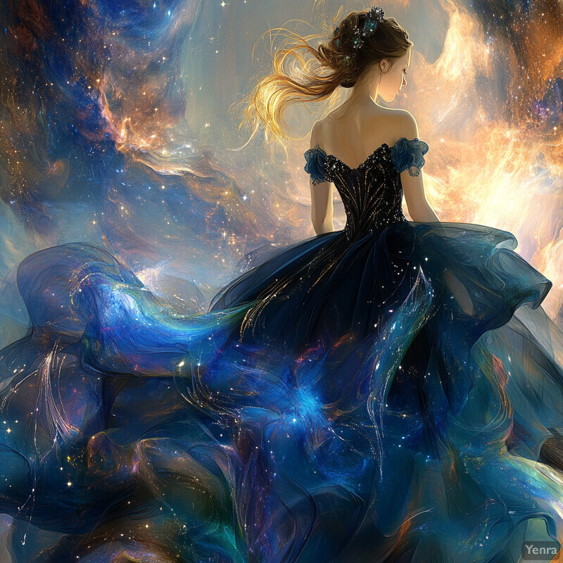 A woman in a blue gown with stars and galaxies adorns her dress, set against a starry background.